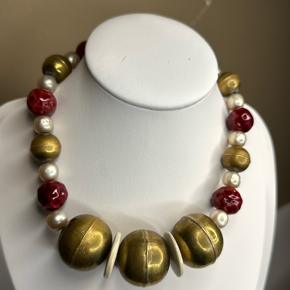 Chunky Red & Gold Beaded Necklace ~ Big Round Beads